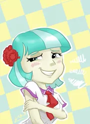 Size: 467x644 | Tagged: safe, artist:soshyqqq, derpibooru import, coco pommel, equestria girls, abstract background, blushing, equestria girls-ified, female, grin, nervous, nervous grin, smiling, solo