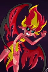 Size: 1024x1536 | Tagged: safe, artist:wubcakeva, derpibooru import, sunset shimmer, equestria girls, clothes, dress, evil, evil grin, female, grin, looking at you, simple background, smiling, solo, sunset satan