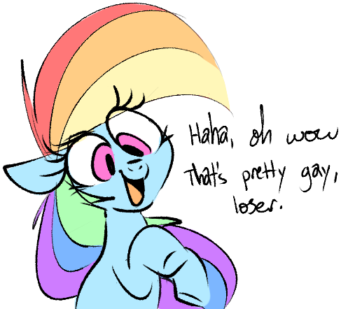 Size: 497x442 | Tagged: safe, artist:hattsy, derpibooru import, rainbow dash, pegasus, pony, dialogue, female, insult, mare, open mouth, pointing, reaction image, rearing, simple background, smiling, solo, vulgar, white background