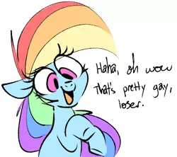 Size: 497x442 | Tagged: safe, artist:hattsy, derpibooru import, rainbow dash, pegasus, pony, dialogue, female, insult, mare, open mouth, pointing, reaction image, rearing, simple background, smiling, solo, vulgar, white background