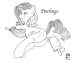 Size: 760x638 | Tagged: suggestive, artist:kevinsano, derpibooru import, rarity, pony, unicorn, butt, cutie mark, female, grayscale, looking at you, magic, mare, monochrome, paddle, pillow, plot, raised tail, simple background, solo, solo female, spank mark, spanked, spanking, tail, text, white background