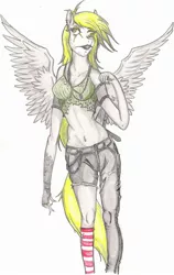 Size: 1272x2011 | Tagged: safe, artist:thegloriesbigj, derpibooru import, derpy hooves, anthro, belly button, clothes, ear piercing, earring, female, jewelry, metal, midriff, necklace, piercing, simple background, socks, solo, spread wings, striped socks, tanktop, torn jeans, white background, wings