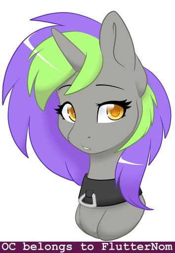 Size: 354x512 | Tagged: safe, artist:heartscharm, derpibooru import, oc, oc:frenzy nuke, unofficial characters only, pony, unicorn, bust, collar, female, mare, portrait, simple background, solo, text, white background