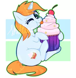 Size: 974x1000 | Tagged: safe, artist:sugguk, derpibooru import, oc, oc:sunny, unofficial characters only, pony, unicorn, chubby, cupcake, cute, female, food, licking, looking at you, mare, ocbetes, one eye closed, smiling, solo, tongue out, wink