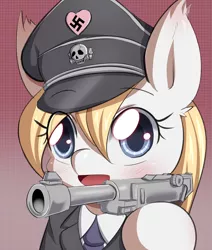 Size: 2611x3074 | Tagged: safe, artist:aryanne, derpibooru import, oc, oc:aryanne, unofficial characters only, earth pony, pony, :d, bipedal, blushing, bust, clothes, cute, ear fluff, female, gradient background, gun, handgun, hoof hold, luger, mare, nazi, pistol, portrait, solo, swastika, uniform, weapon