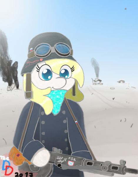 Size: 2500x3200 | Tagged: safe, artist:pzrauser, derpibooru import, oc, oc:aryanne, unofficial characters only, pony, bipedal, clothes, desert, female, goggles, gun, helmet, hoof hold, machine gun, military uniform, nazi, smoke, solo, stahlhelm, swastika, tally marks, uniform, war, weapon