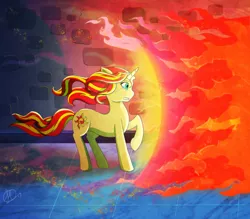 Size: 1280x1120 | Tagged: safe, artist:scarabdynasty1, derpibooru import, sunset shimmer, pony, unicorn, crying, fire, force field, magic, raised hoof, shield, solo