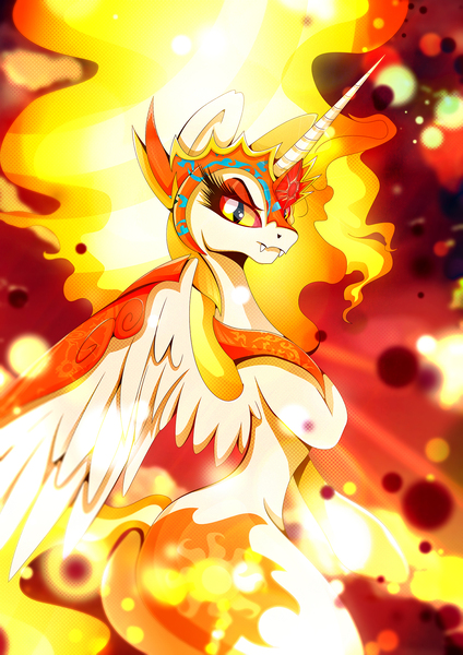 Size: 1358x1920 | Tagged: safe, artist:rariedash, derpibooru import, daybreaker, alicorn, pony, a royal problem, daybutt, fangs, female, helmet, looking at you, mare, plot, solo