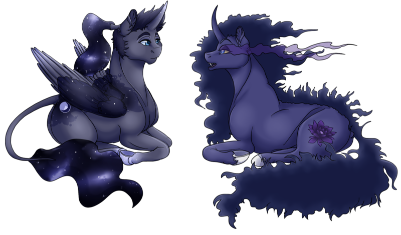 Size: 1500x882 | Tagged: safe, artist:bijutsuyoukai, derpibooru import, oc, oc:black lotus, oc:somber moon, unofficial characters only, alicorn, pony, unicorn, duo, offspring, parent:good king sombra, parent:king sombra, parent:nightmare moon, parent:princess luna, parents:lumbra, parents:sombramoon, prone, simple background, transparent background