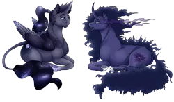 Size: 1500x882 | Tagged: safe, artist:bijutsuyoukai, derpibooru import, oc, oc:black lotus, oc:somber moon, unofficial characters only, alicorn, pony, unicorn, duo, offspring, parent:good king sombra, parent:king sombra, parent:nightmare moon, parent:princess luna, parents:lumbra, parents:sombramoon, prone, simple background, transparent background