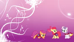 Size: 1920x1080 | Tagged: safe, artist:solusjbj, artist:unfiltered-n, derpibooru import, edit, apple bloom, scootaloo, sweetie belle, pony, abstract background, cape, clothes, cmc cape, cutie mark crusaders, wallpaper, wallpaper edit