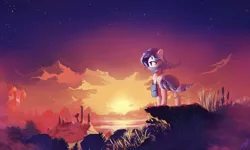 Size: 3000x1800 | Tagged: safe, artist:freeedon, derpibooru import, oc, oc:opuscule antiquity, unofficial characters only, earth pony, pony, unicorn, bandana, commission, female, mare, plant, ruins, saddle bag, scenery, scenery porn, solo, stars, sunrise, wallpaper, water