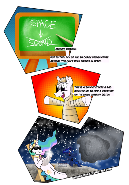 Size: 928x1333 | Tagged: safe, artist:sneshneeorfa, derpibooru import, princess celestia, princess luna, alicorn, pony, asteroid, bandage, broken horn, comic, funny, moon, moonbathing, simple background, space, sunglasses, transparent background