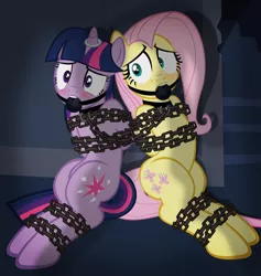 Size: 1024x1078 | Tagged: suggestive, artist:radiantrealm, derpibooru import, fluttershy, twilight sparkle, twilight sparkle (alicorn), alicorn, pegasus, pony, arm behind back, ballgag, blushing, bondage, chains, collar, duo, female, females only, femsub, fluttersub, gag, horn ring, image, linked collars, magic suppression, mare, png, show accurate, show accurate porn, submissive, twisub