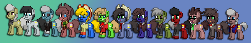 Size: 1212x210 | Tagged: safe, derpibooru import, doctor whooves, time turner, pony, pony town, bowtie, clothes, crossover, doctor who, eighth doctor, eleventh doctor, fifth doctor, first doctor, fourth doctor, necktie, ninth doctor, pixel art, regeneration, scarf, second doctor, seventh doctor, sixth doctor, tenth doctor, third doctor, tom baker's scarf, twelfth doctor, war doctor
