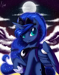 Size: 1800x2291 | Tagged: safe, artist:valcron, derpibooru import, princess luna, alicorn, pony, cloud, cloudy, cute, ethereal mane, female, looking at you, mare, moon, night, raised hoof, solo, starry mane, starry night, stars