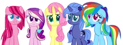 Size: 1306x474 | Tagged: safe, artist:ecoster1268, derpibooru import, fluttershy, pinkie pie, princess cadance, princess luna, rainbow dash, earth pony, pegasus, pony, unicorn, alternate cutie mark, alternate universe, base used, pinkamena diane pie, race swap, s1 luna, simple background, transparent background