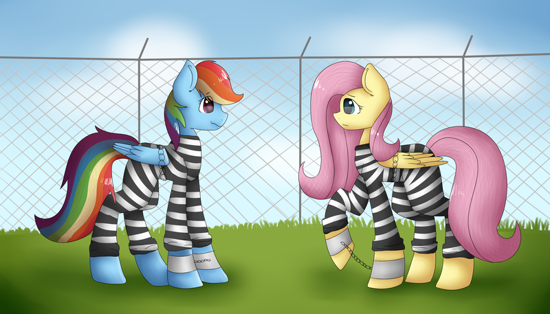 Size: 3500x2000 | Tagged: safe, artist:fizzy68, derpibooru import, fluttershy, rainbow dash, pony, bound wings, chains, clothes, comforting, cuffs, fence, grass, jail, prison, prison outfit, prison stripes, prisoner rd, sad, shackles, yard