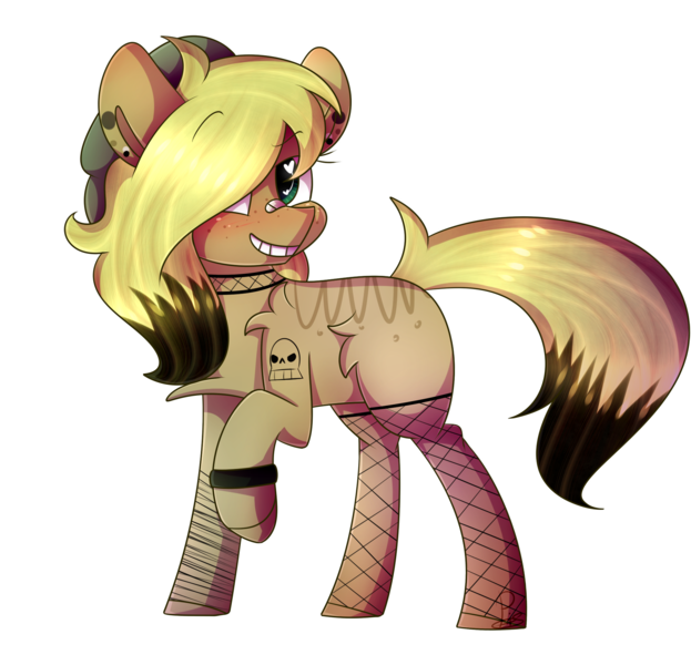 Size: 1877x1807 | Tagged: safe, artist:soundwavepie, derpibooru import, oc, unofficial characters only, earth pony, pony, blushing, chest fluff, choker, female, fishnets, grin, hair over one eye, heart eyes, looking at you, mare, raised hoof, shoulder fluff, simple background, smiling, solo, transparent background, wingding eyes