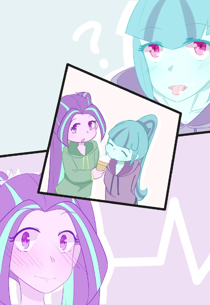 Size: 690x1003 | Tagged: safe, artist:yuck, derpibooru import, aria blaze, sonata dusk, equestria girls, arisona, blushing, colored pupils, cute, female, food, ice cream, ice cream cone, lesbian, shipping, tongue out