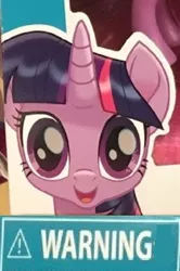 Size: 424x640 | Tagged: safe, derpibooru import, twilight sparkle, pony, caption, expand dong, exploitable meme, image macro, meme, solo, toy, warning