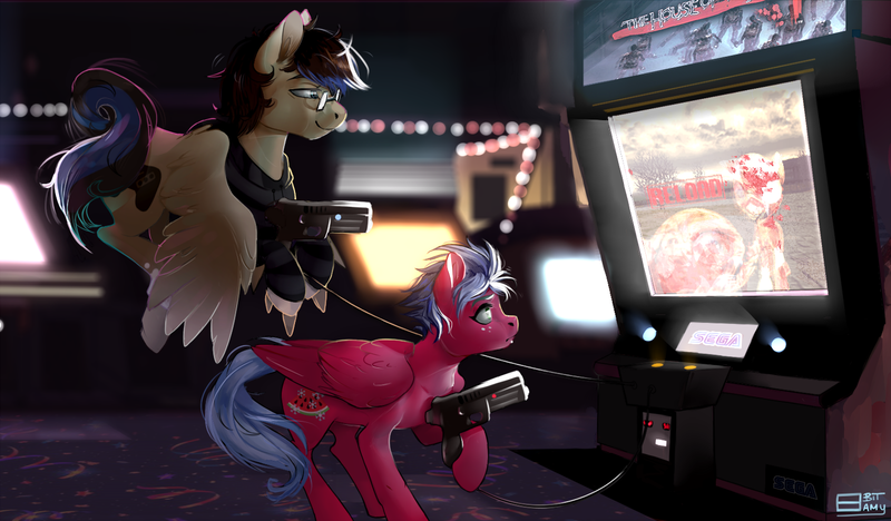 Size: 1497x875 | Tagged: safe, artist:8bitamy, derpibooru import, oc, oc:melon frost, oc:playthrough, unofficial characters only, pegasus, pony, undead, zombie, zombie pony, 3d, arcade, arcade game, clothes, commission, controller, detailed, female, flying, glasses, gun, hoodie, house of the dead, lights, looking at something, male, mare, piercing, reloading, sega, shooting, stallion, the house of the dead, weapon