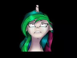 Size: 2048x1536 | Tagged: safe, artist:0bsydia, derpibooru import, princess celestia, alicorn, pony, lullaby for a princess, black background, bust, crying, female, floppy ears, heartbreak, mare, portrait, sad, shrunken pupils, simple background, solo