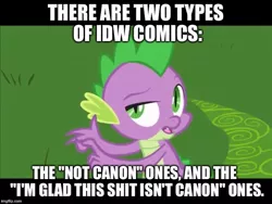 Size: 666x500 | Tagged: comic drama, denial, derpibooru import, dragon, drama, edit, edited screencap, exploitable meme, hurricane fluttershy, idw, idw canon drama, idw drama, meme, memegenerator, safe, screencap, solo, spike, spoiler:comic, vulgar