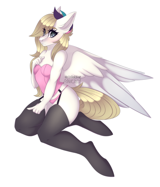 Size: 2304x2688 | Tagged: anthro, anthro oc, artist:pinkxei, breasts, clothes, commission, corset, derpibooru import, female, garter belt, lingerie, looking at you, mare, oc, panties, pegasus, sexy, simple background, solo, solo female, stockings, suggestive, thigh highs, transparent background, underwear, unguligrade anthro, unofficial characters only