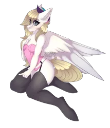 Size: 2304x2688 | Tagged: anthro, anthro oc, artist:pinkxei, breasts, clothes, commission, corset, derpibooru import, female, garter belt, lingerie, looking at you, mare, oc, panties, pegasus, sexy, simple background, solo, solo female, stockings, suggestive, thigh highs, transparent background, underwear, unguligrade anthro, unofficial characters only