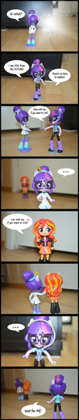 Size: 1624x8637 | Tagged: questionable, derpibooru import, sci-twi, sunset shimmer, twilight sparkle, equestria girls, absurd resolution, comic, doll, equestria girls minis, female, irl, lesbian, photo, scitwishimmer, self paradox, sex joke, shipping, sunset twiangle, sunsetsparkle, time travel, toy, twolight