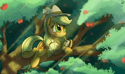 Size: 3640x2160 | Tagged: safe, artist:pirill, derpibooru import, applejack, pony, 30 minute art challenge, apple, clothes, female, food, hat, interview, mouth hold, notepad, pencil, reporter, solo, tree, tree branch, underhoof