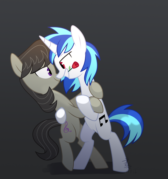 Size: 1467x1560 | Tagged: safe, artist:yaaaco, derpibooru import, octavia melody, vinyl scratch, earth pony, pony, unicorn, bipedal, dancing, female, flower, lesbian, looking at each other, mare, rose, scratchtavia, shipping, simple background, smiling