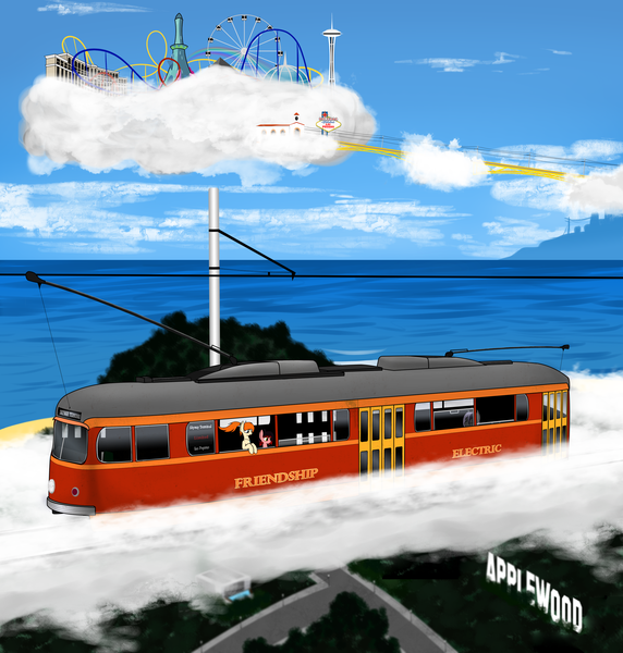 Size: 3000x3145 | Tagged: safe, artist:subway777, derpibooru import, oc, oc:ray muller, oc:vincher, unofficial characters only, bat pony, pony, unicorn, applewood, cloud, las pegasus, los pegasus, power line, railroad, sky, sleeping, train, tram