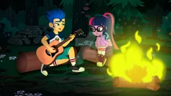 Size: 1280x720 | Tagged: safe, artist:ro994, derpibooru import, flash sentry, sci-twi, twilight sparkle, equestria girls, legend of everfree, camp everfree outfits, campfire, converse, female, flashlight, guitar, male, sciflash, shipping, shoes, singing, sneakers, straight, watermark