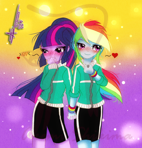 Size: 1154x1200 | Tagged: safe, artist:shikimaakemi, derpibooru import, rainbow dash, twilight sparkle, equestria girls, blushing, clothes, cute, female, heart, holding hands, lesbian, obtrusive watermark, shipping, twidash, watermark