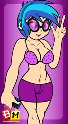 Size: 2768x5000 | Tagged: absurd resolution, artist:mrmaclicious, belly button, bikini, bikini top, breasts, busty vinyl scratch, clothes, derpibooru import, female, headphones, human, humanized, looking at you, peace sign, shorts, smiling, solo, solo female, suggestive, swimsuit, vinyl scratch