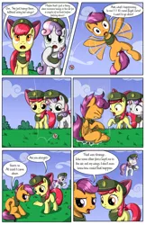 Size: 2030x3130 | Tagged: safe, artist:sirzi, derpibooru import, apple bloom, scootaloo, sweetie belle, earth pony, pegasus, pony, unicorn, comic:talisman for a pony, clothes, comic, cutie mark crusaders, dialogue, floating, jackie chan adventures, sky, speech bubble, talisman, trio