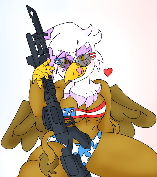 Size: 1677x1892 | Tagged: suggestive, artist:blackbewhite2k7, derpibooru import, gilda, anthro, gryphon, 4th of july, american flag, american flag bikini, bayonet, bikini, blushing, breasts, busty gilda, clothes, flag bikini, gun, heart, holiday, licking, licking lips, shotgun, spread legs, spreading, sunglasses, swimsuit, thick, tongue out, underboob, weapon