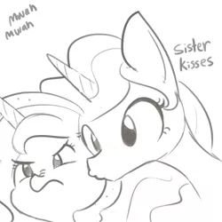 Size: 1650x1650 | Tagged: safe, artist:tjpones, derpibooru import, princess celestia, princess luna, alicorn, pony, cute, cutelestia, descriptive noise, duo, female, filly, kiss on the cheek, kissing, luna is not amused, lunabetes, monochrome, mwah, nose wrinkle, royal sisters, scrunchy face, siblings, sisterly love, sisters, sketch, tjpones is trying to murder us, woona, younger