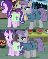Size: 1138x1400 | Tagged: safe, derpibooru import, edit, screencap, maud pie, starlight glimmer, pony, rock solid friendship, background pony, cropped, fruit, looking away, market, ponyville, saddle bag, tent
