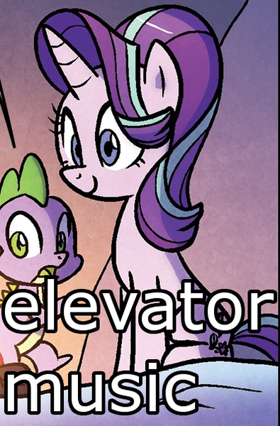Size: 399x606 | Tagged: safe, derpibooru import, edit, idw, spike, starlight glimmer, dragon, pony, unicorn, spoiler:comic56, cropped, cute, descriptive noise, elevator music, face of mercy, female, glimmerbetes, image macro, male, mare, meme, open mouth, sitting, smiling