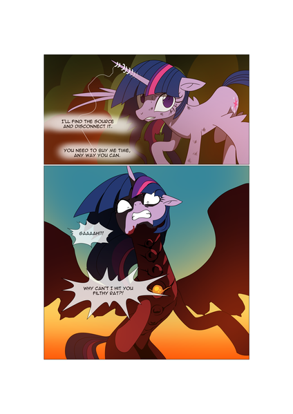 Size: 3541x5016 | Tagged: safe, artist:gashiboka, derpibooru import, twilight sparkle, twilight sparkle (alicorn), oc, oc:brotonia, alicorn, pony, comic:recall the time of no return, absurd resolution, comic, fake twilight, flying, high res, magic, zygon