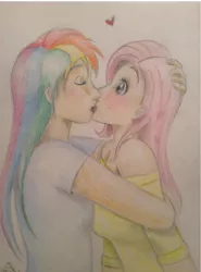 Size: 1812x2452 | Tagged: safe, artist:fireferretpabu13, derpibooru import, fluttershy, rainbow dash, human, breasts, clothes, female, flutterdash, humanized, kissing, lesbian, light skin, off shoulder, shipping, sweater, sweatershy, traditional art