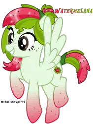 Size: 1816x2404 | Tagged: safe, artist:monkfishyadopts, derpibooru import, oc, oc:watermelana, unofficial characters only, pegasus, pony, base used, flying, freckles, gradient hooves, melon, simple background, smiling, solo, transparent background