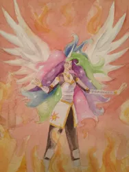 Size: 1024x1365 | Tagged: artist:fireferretpabu13, clothes, derpibooru import, fire, horned humanization, human, humanized, impossibly large horn, princess celestia, safe, solo, traditional art, winged humanization, wings