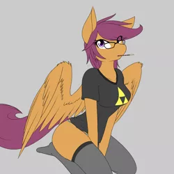 Size: 2000x2000 | Tagged: adorasexy, anthro, artist:silverfox057, ask, ask nerdy scootaloo, breasts, clothes, cute, derpibooru import, female, food, glasses, kneeling, mare, older, panties, pegasus, pocky, scootaloo, sexy, shirt, simple background, solo, solo female, suggestive, the legend of zelda, triforce, tumblr, underwear