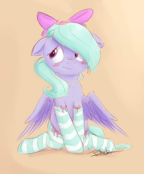 Size: 1158x1395 | Tagged: safe, artist:pucksterv, derpibooru import, flitter, pegasus, pony, blushing, bow, clothes, colored sketch, cute, female, flitterbetes, floppy ears, hair bow, hnnng, mare, simple background, socks, solo, stockings, striped socks, thigh highs