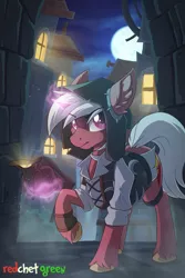 Size: 1800x2700 | Tagged: safe, artist:redchetgreen, derpibooru import, oc, unofficial characters only, pony, unicorn, bag, bits, building, clothes, commission, full moon, hoodie, magic, male, moon, night, raised hoof, solo, stallion, thief, town, ych result