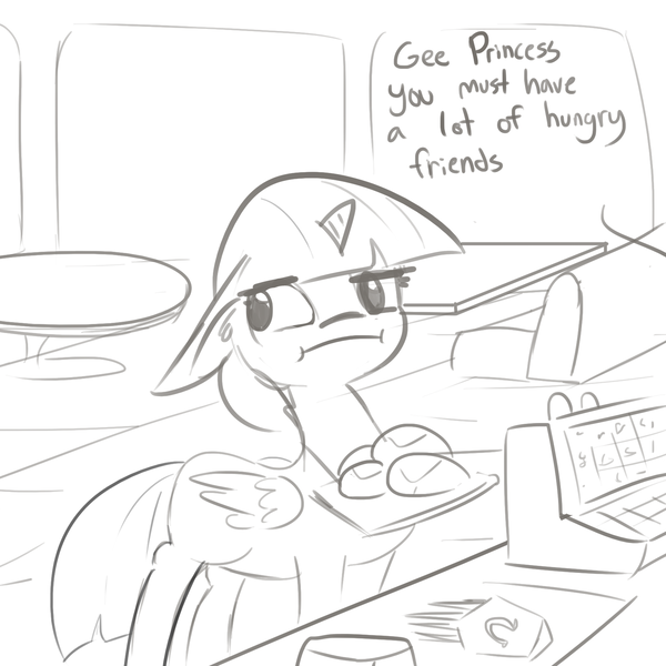 Size: 1650x1650 | Tagged: safe, artist:tjpones, derpibooru import, twilight sparkle, twilight sparkle (alicorn), alicorn, pony, :i, burger, cash register, dialogue, ear fluff, fast food, floppy ears, food, french fries, grayscale, looking away, monochrome, restaurant, simple background, solo, tablet, that pony sure does love burgers, tray, twilight burgkle, twilight is not amused, unamused, white background